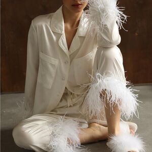 Elegant White Feather Trim Pajama Set